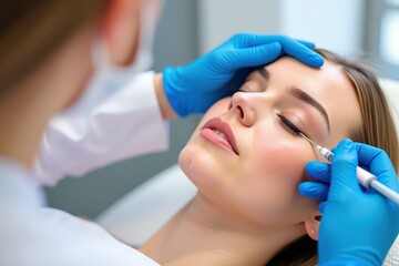 Fototapeta premium Professional Eyebrow Treatment Session by Skilled Technician for Perfect Brows and Enhanced Beauty