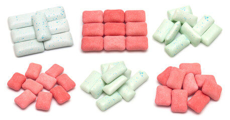Collection pink and green chewing gum isolated on a white background