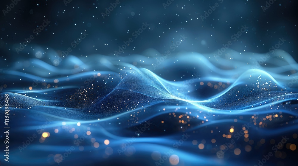 Poster abstract representation of flowing waves with glowing particles in a dark environment.