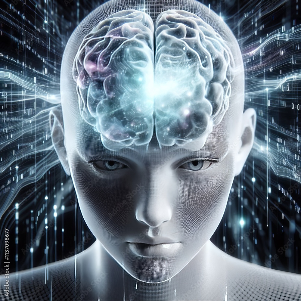 Poster a high-tech, futuristic representation of a human head with an illuminated brain and glowing neural 