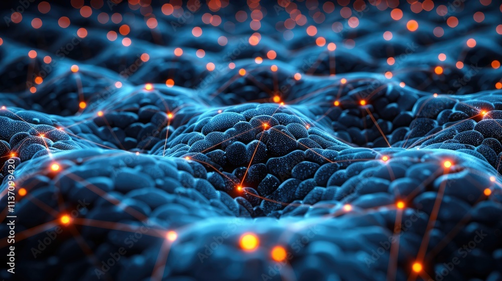 Poster abstract representation of interconnected nodes on a textured surface.