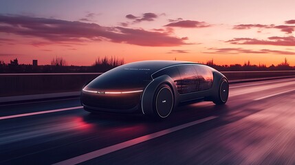 Obraz premium Futuristic Electric Vehicle Driving at Sunset