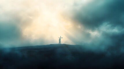 Obraz premium Solitary Figure Stands Before a Cross in Misty Landscape