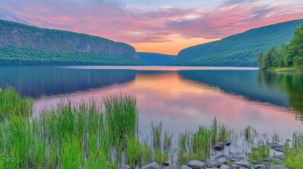 Fototapeta premium Serene Sunset over Calm Lake and Mountain Cliffs
