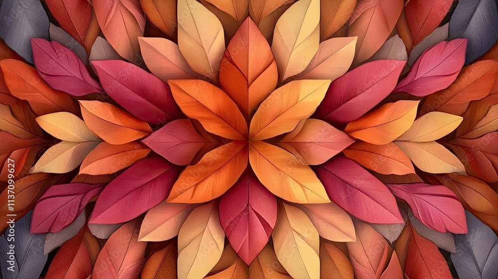 Poster vibrant and colorful 3d leaf patterns in warm tones, creating an intricate symmetrical design for na