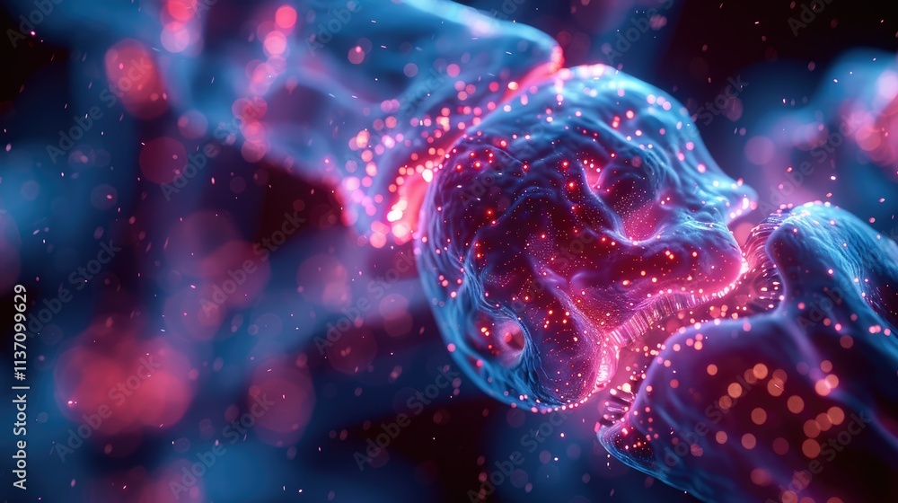 Poster abstract representation of neural connections with vibrant colors and glowing particles.