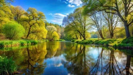 Forest and River Landscape in Spring, beauty, nature, landscape, river, forest, spring, autumn, wild nature, rural