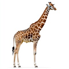 Naklejka premium Majestic Giraffe Standing Gracefully in a White Background, Showcasing its Unique Patterns and Long Neck, Symbolizing Beauty and Elegance in Wildlife Photography