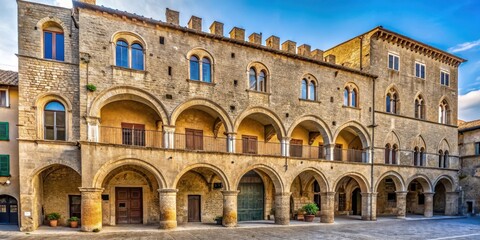 Fototapeta premium Medieval facade with Romanesque arches in Tarquinia Italy, arched gateway