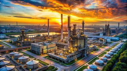 Obraz premium Aerial view of oil refinery at sunset, oil refinery, industrial site, ft mcmurray
