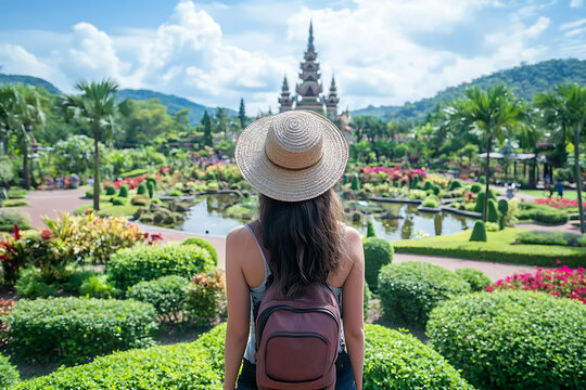 Young woman tourist with backpack and straw hat enjoying the beauty of nong nooch tropical botanical garden