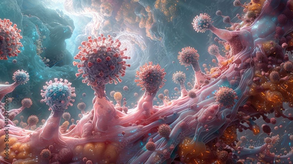 Poster abstract representation of viral structures in a colorful, dynamic environment.