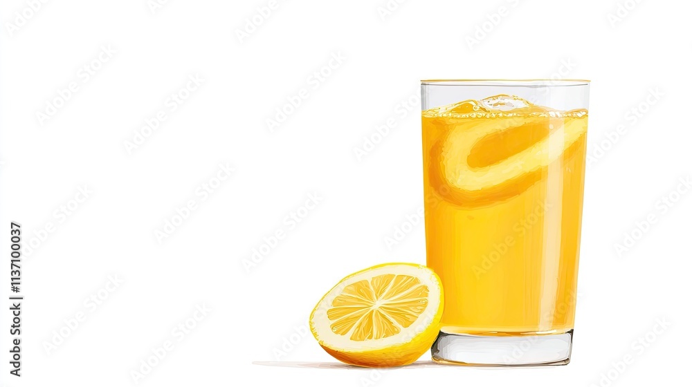 Aufkleber refreshing citrus beverage with ice cubes in glass and fresh lemon slice on white background for sum