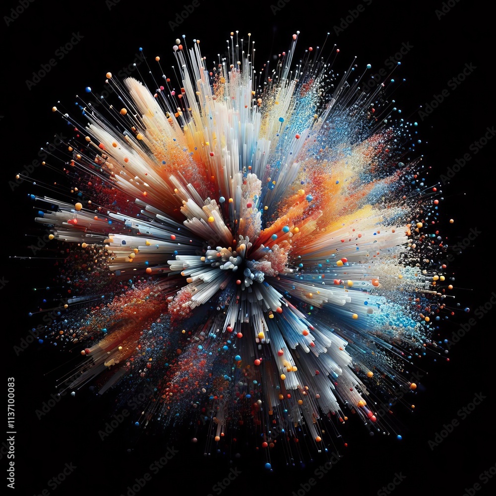 Poster a stunning 3d rendering of a vibrant explosion of particles, bursting with color and motion. the abs