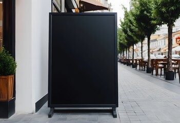 Empty black sign standing on a city street displays advertising space for restaurants and businesses