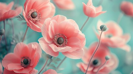 Delicate Coral Anemones in Soft Focus, Pastel Teal Background