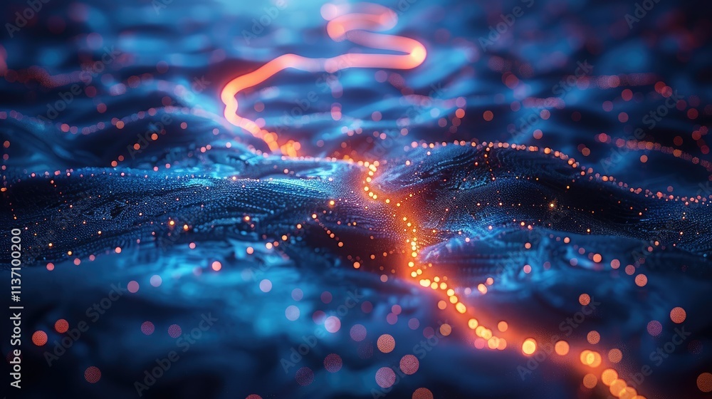 Poster abstract visualization of flowing data through a textured landscape with glowing elements.