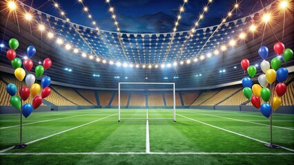 Obraz premium Football field with championship flags and balloons tied to goalposts, Football Field