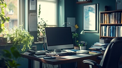 Sunlit Home Office Workspace With Computer And Plants