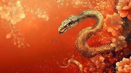 Obraz premium A vibrant illustration of a golden serpent coiling against an intricate floral background, perfect for Lunar New Year celebrations, especially during the Year of the Snake.