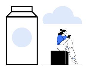 Woman sitting on box reading tablet beside large milk carton and cloud. Ideal for modern life, digital reading, dairy products, minimalism, online learning, relaxation, lifestyle. Line metaphor