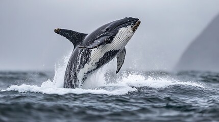 Naklejka premium Humpback Whale Breaching Ocean Waves