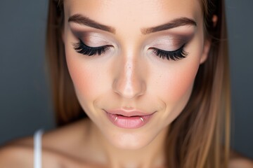 Fototapeta premium Elegant Close-Up of a Woman with Stunning Makeup and Long Eyelashes, Perfect for Cosmetic Advertising or Beauty Tutorials