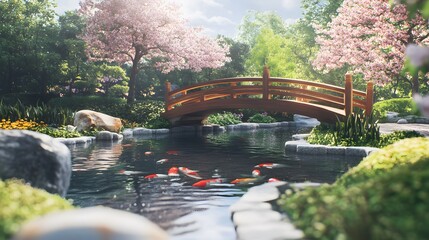 Obraz premium Serene Koi Pond Garden With Wooden Bridge And Cherry Blossoms