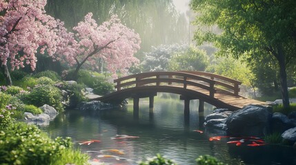 Serene Japanese Garden Koi Pond Wooden Bridge