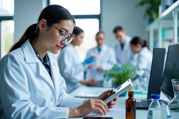 Focused Medical Professional in White Lab Coat Using Digital Tablet in Collaborative Office Setting, Ideal for Healthcare and Technology Marketing