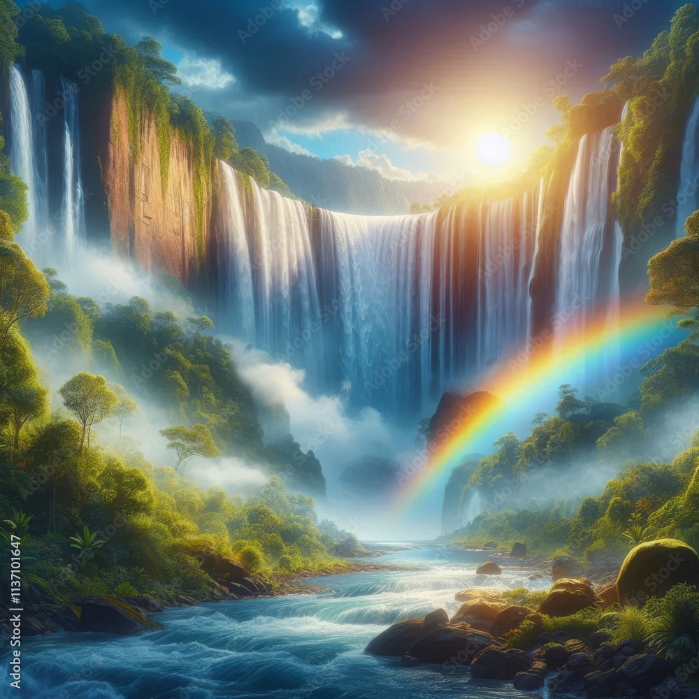 Poster a stunning view of waterfalls cascading down cliffs into a flowing river, illuminated by the warm gl
