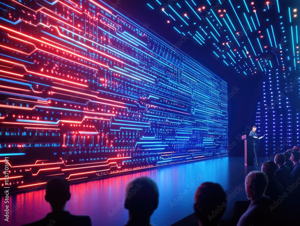 Poster speaker presenting on stage against a stunning display of digital circuit patterns in red and blue l