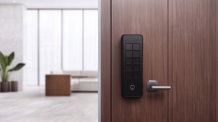 Digital lock and security efficiency, A sleek smart lock mounted on a wooden door, enhancing security and modern aesthetics in a contemporary interior space.