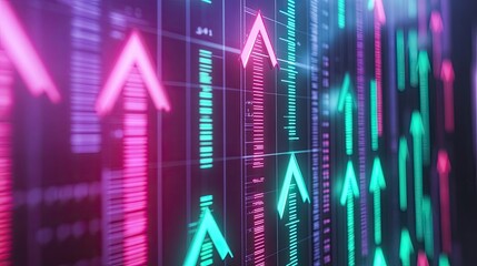 Fototapeta premium Colorful Financial Data Visualization with Upward Trends Depicted by Vibrant Arrows in Neon Colors on a Dark Background for Market Analysis and Investment Concept