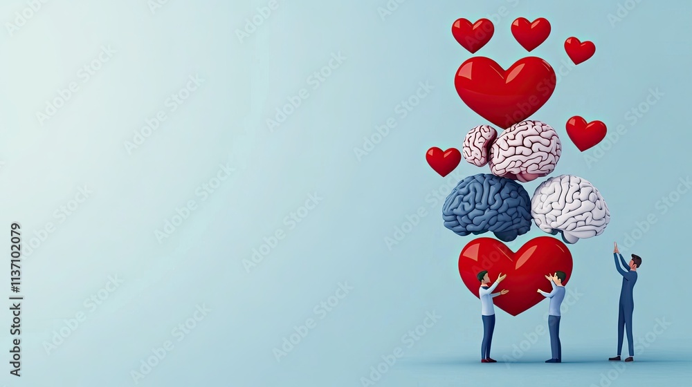 Poster three businesspeople interacting with stacked hearts and brains, symbolizing the connection between 