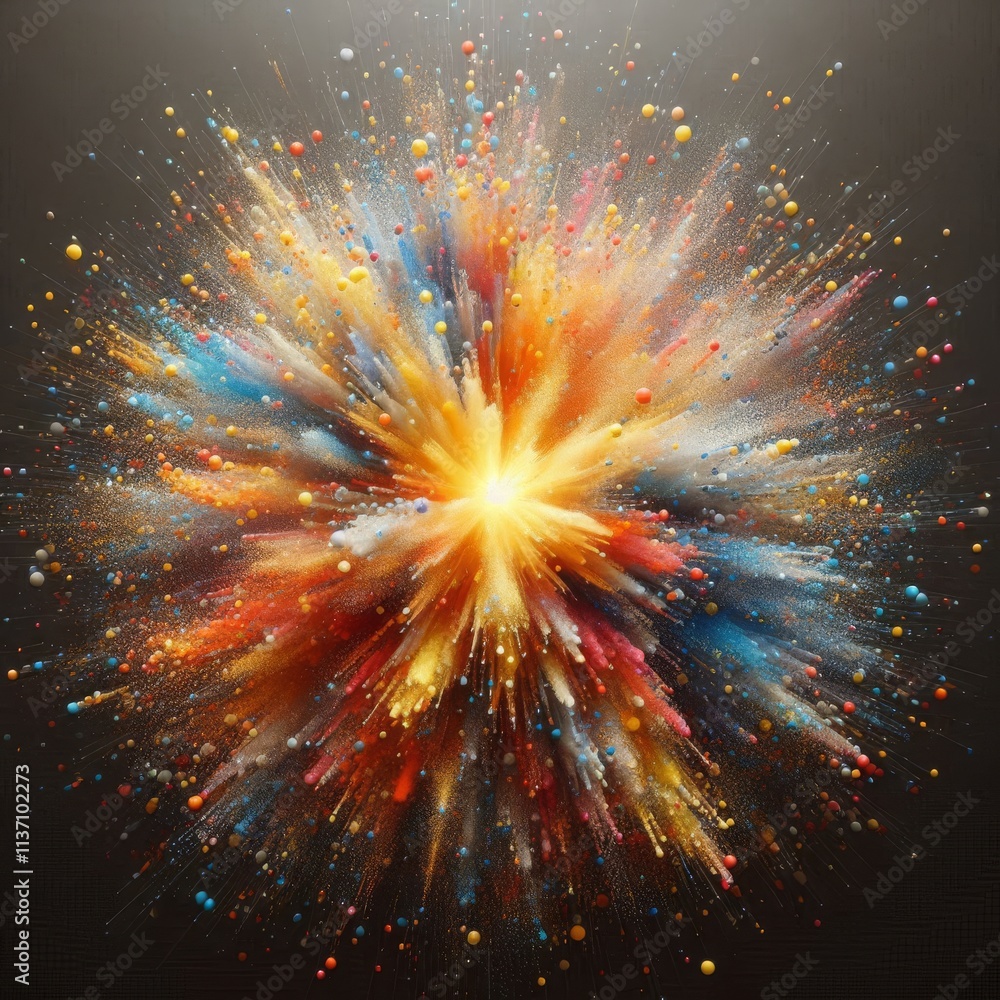 Poster a stunning burst of fiery colors with paint and particles exploding outward, creating a sense of mov