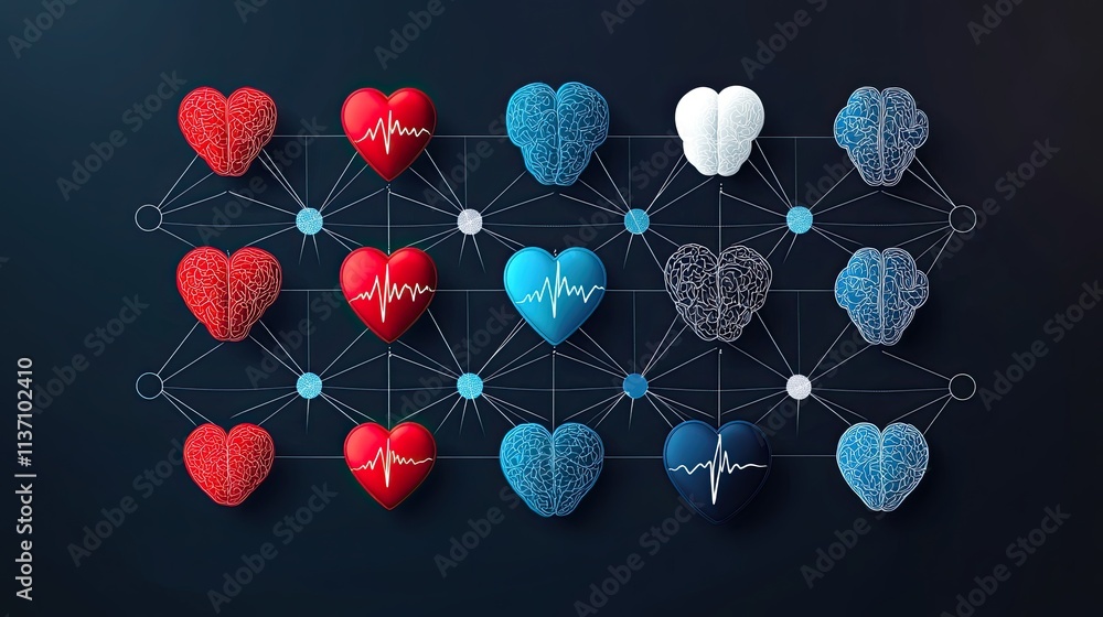Poster colorful heart and brain icons connected by a network of lines representing the relationship between