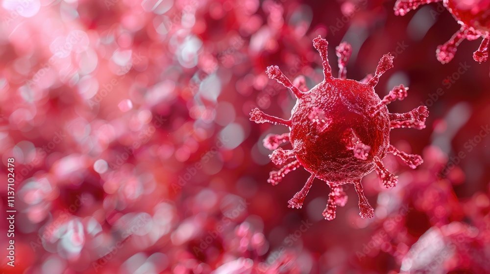 Poster close-up view of a virus in a microscopic setting, illustrating its structure and environment.