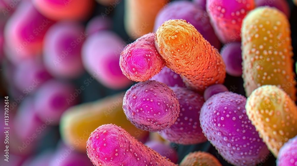 Poster close-up view of colorful bacterial structures under a microscope.