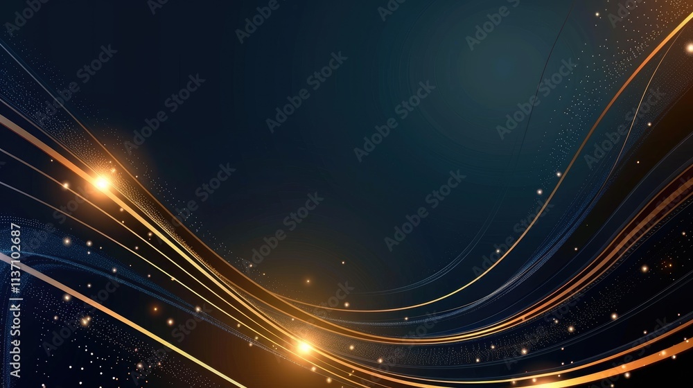 Poster abstract design featuring flowing lines and glowing particles on a dark background.