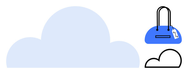 Blue duffle bag with tag next to large solid and outlined cloud shapes. Ideal for travel, luggage, storage, organization, outdoor activities, shopping, and branding. Line metaphor