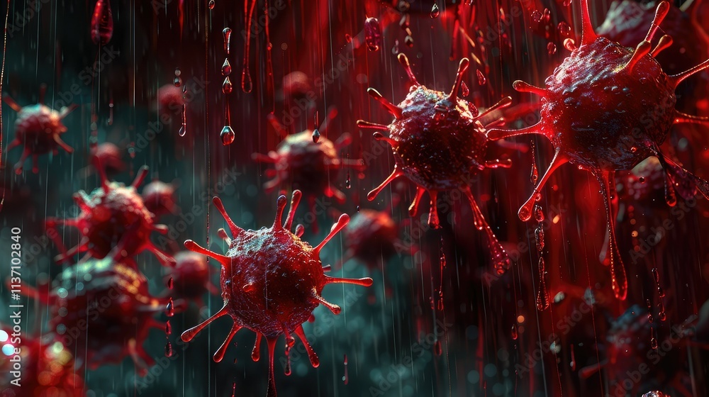 Poster close-up view of virus-like structures in a dark, atmospheric setting.