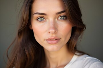 Professional Portrait of a Woman with Green Eyes and Brown Hair, Perfect for Advertising, Marketing, or Social Media Campaigns