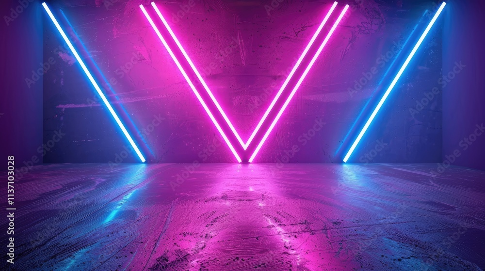 Poster a vibrant, neon-lit room with angled lights creating a dynamic visual effect.