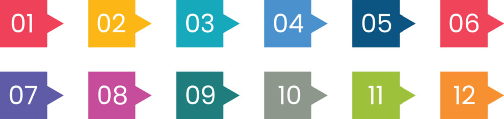 Set of colorful number icon from 1 - 12 isolated on white background for infographic and list data