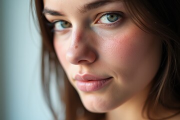 Fototapeta premium Capture the Beauty of a Young Woman's Face with Expressive Eyes and Soft Skin Tone, Perfect for Advertising and Marketing Campaigns