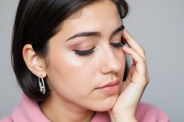 Elegant Young Woman in Pink Sweater with Long Earrings, Perfect for Fashion and Beauty Product Advertisements