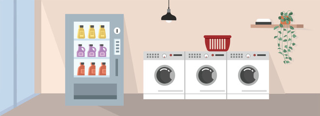 Modern laundry store. Minimalist laundry room. Laundry service. Washing clothes. Basket dirty clothes.
