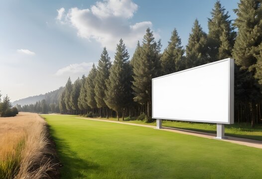 Large blank billboard standing on a golf course near a forest, providing space for advertisement