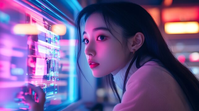 Young Woman Interacts With Futuristic Digital Interface